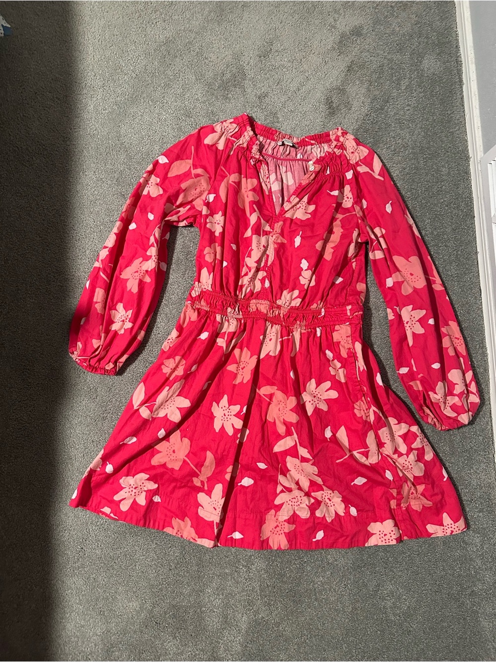 Women’s Pink Floral Long-Sleeve Smocked Waist Dress